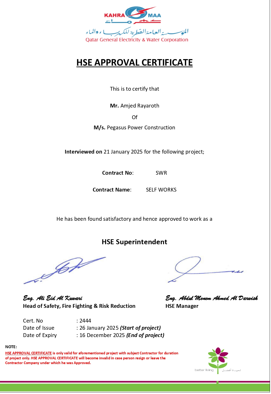 HSE Approval Certificate from Kahramaa